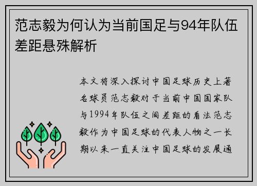 范志毅为何认为当前国足与94年队伍差距悬殊解析