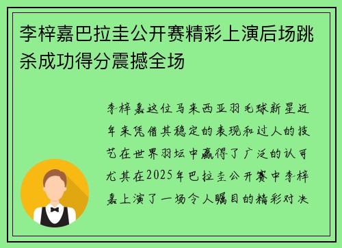 李梓嘉巴拉圭公开赛精彩上演后场跳杀成功得分震撼全场